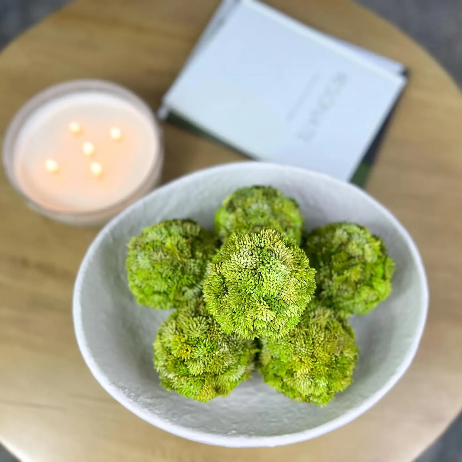 White Textured Ceramic Bowl and Greenery Set,12.5x10.5 Inch Pedestal Decorative Bowl, with 6 Green Succulent Moss Ball