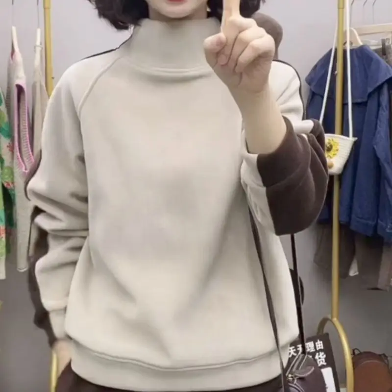 Solid Patchwork Long Sleeve Pullover Sweatshirt Elegant Fashion Harajuku Slim Fit Tops Women Loose Casual All Match Tops Women