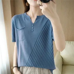 T-shirt Women's summer new 100% cotton pullover short sleeve loose knit V-neck top casual Korean fashion solid color short sleev