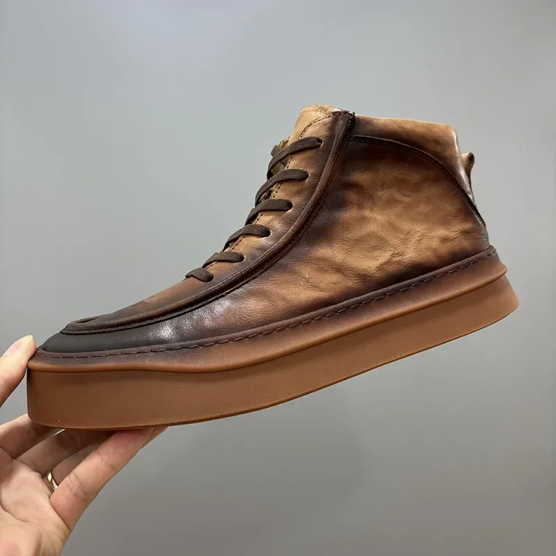 

Autumn and Winter New Men's Casual Shoes Genuine Leather Round Toe Retro High Top Board Shoes