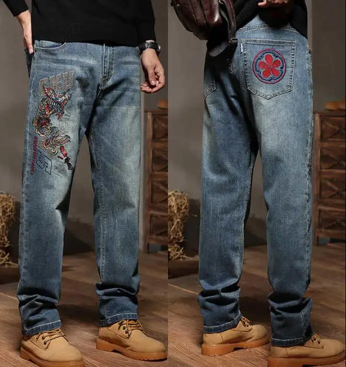 High Street Embroidered Jeans Men Spring And Autumn Elastic Dragon Embroidered Denim Trousers Size 28-44