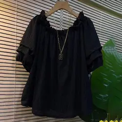 300 Pounds Oversized Thin Casual One Line Collar Fashionable Shirt for Women's Summer Loose Flesh Covering Slimming Trendy Top