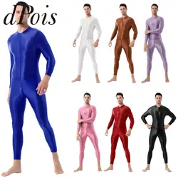 Mens One-piece Smooth Lingerie High Neck Long Sleeves Double-ended Zipper Leotard Workout Fitness Bodysuit Gymnastics Jumpsuit