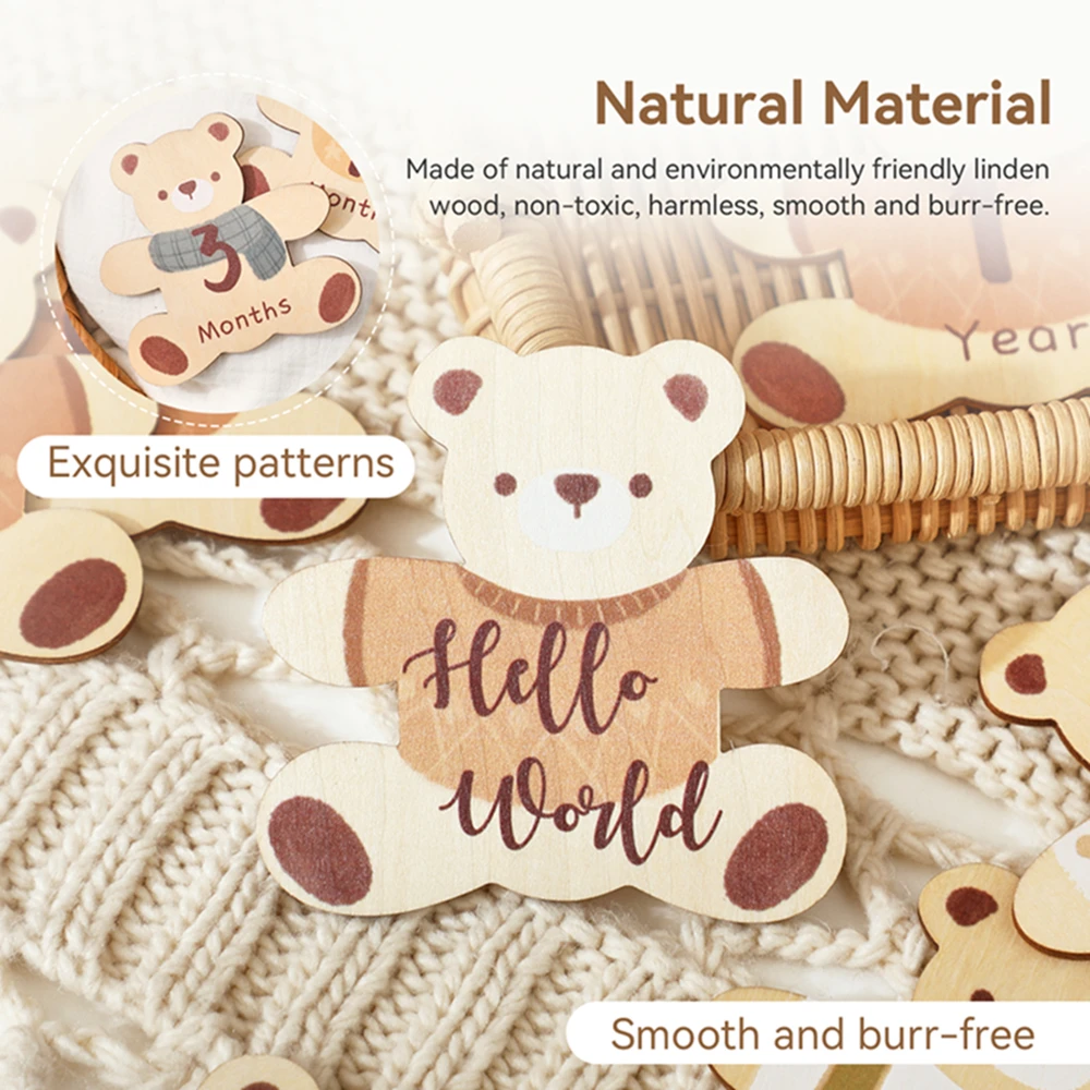 Newborn 0 12 Months Wooden Milestone Cards Bear Shaped Baby Memories Cards Newborn Photography Props Accessories Birthing Gift