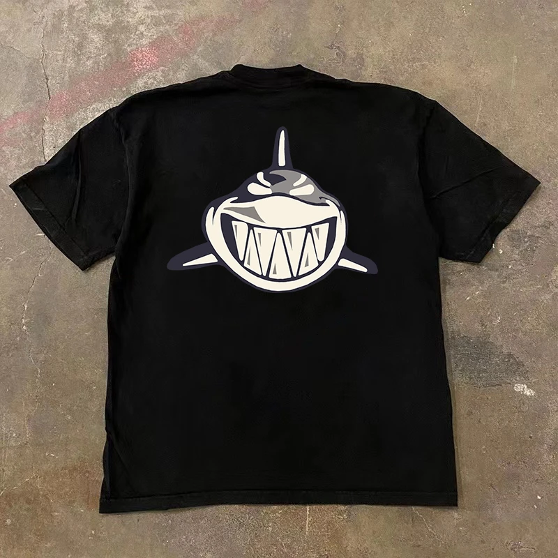

Summer 2025 new cartoon shark print T-shirt cotton loose and fashionable short-sleeved streetwear for men and women