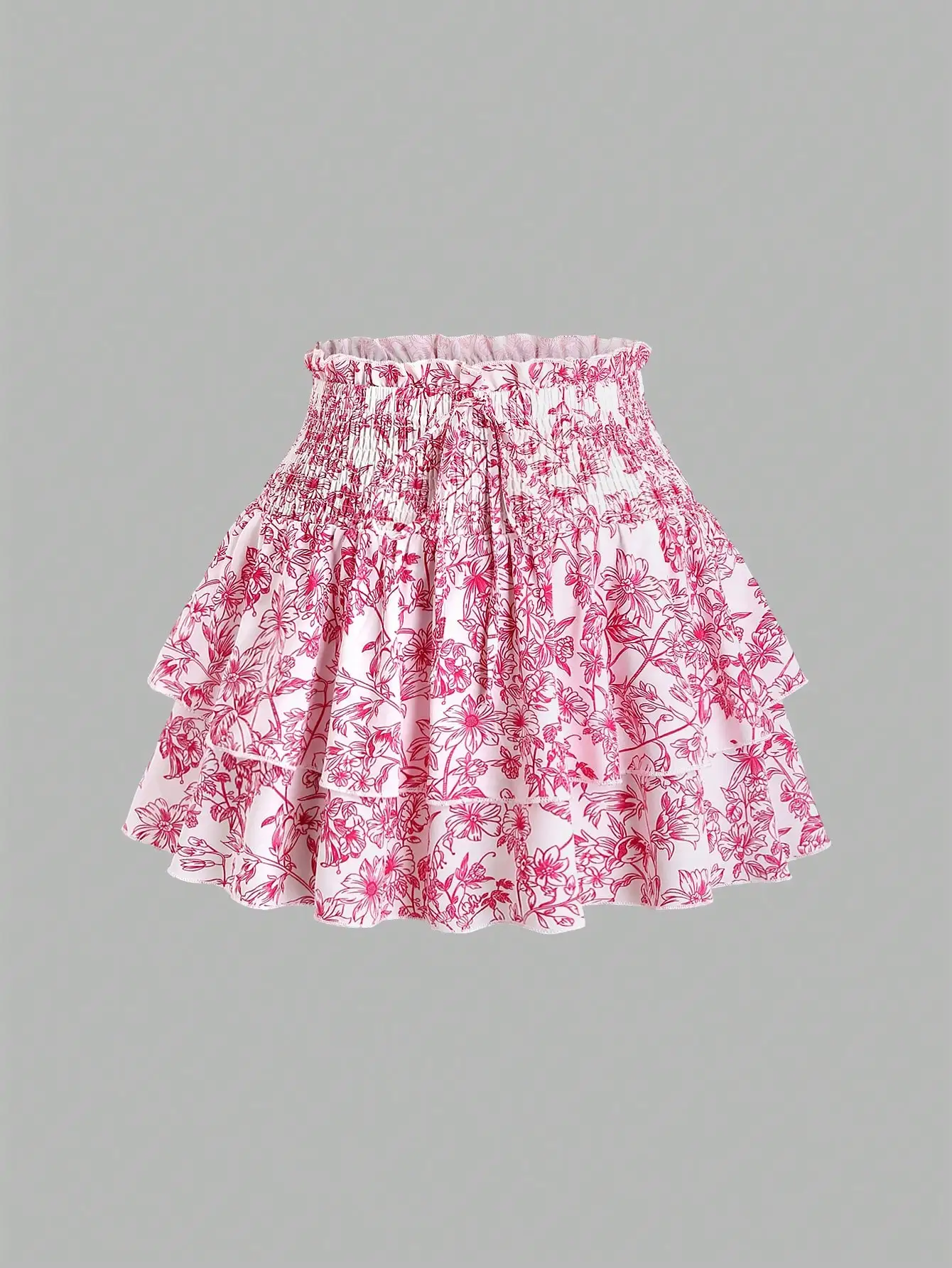 

Women's High Waist Tiered Ruffle Floral Skirt in Pink Print