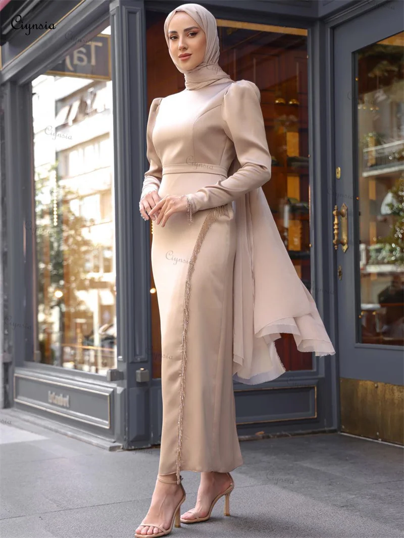 

Ciynsia Ankle Length Muslim Arabic Evening Dress Full Sleeves Formal Occasion Dresses Long Satin Hijab Prom Gown Robes De Soirée