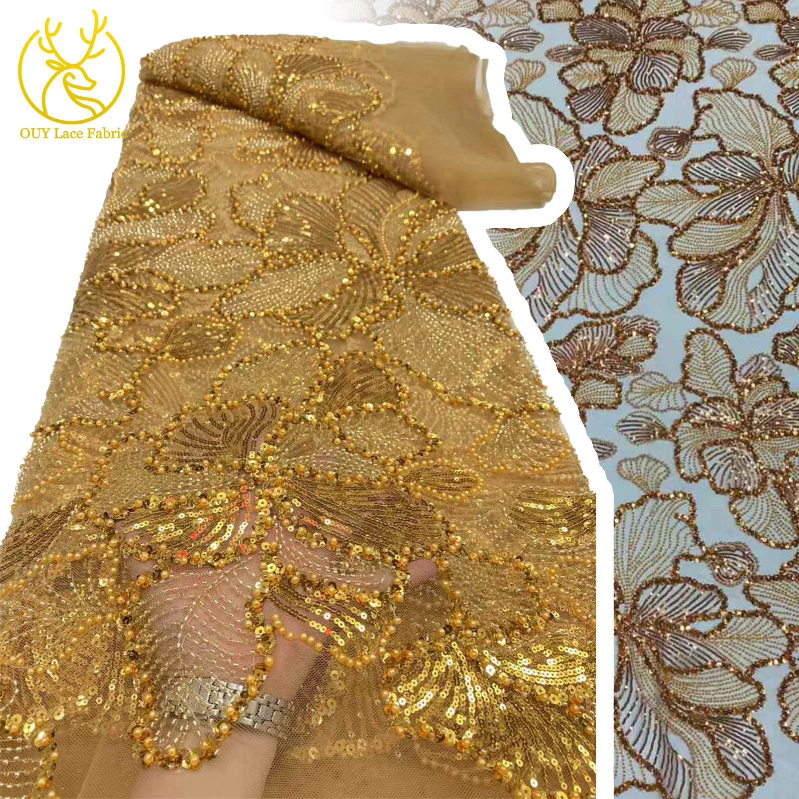 

Luxury African Lace Fabric 2025 High Quality Sequin Beaded Lace Fabric For Nigerian Wedding French Tulle Lace Fabric 5 Yards