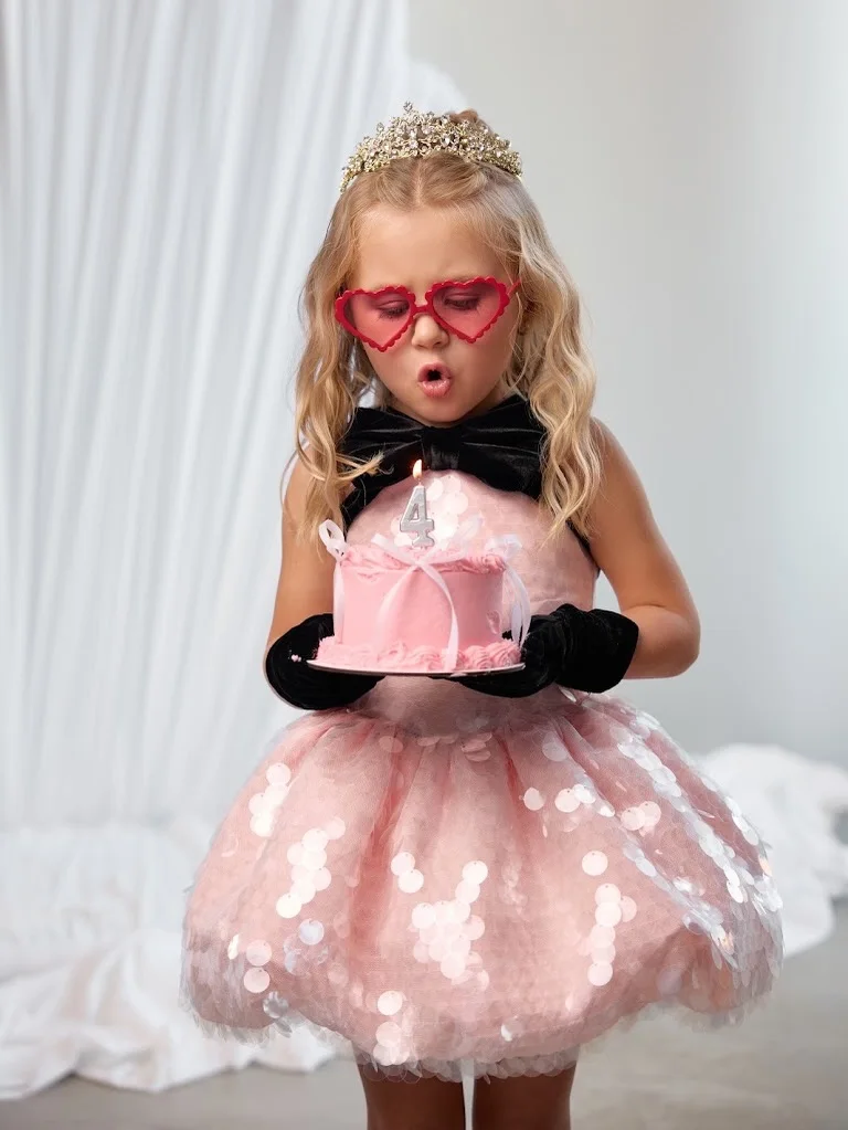 Pink Sequin Tulle Girl Birthday Dress Big Black Bow Halter Lace Up Back Toddler Princess Party Pageant Kids Formal Ball Gown