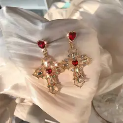 Brincos Vintage Coração Vermelho Cristal para Mulheres, Pingente Cruz, Brinco Dangle Strass, Jóias Festa, Presente de Aniversário