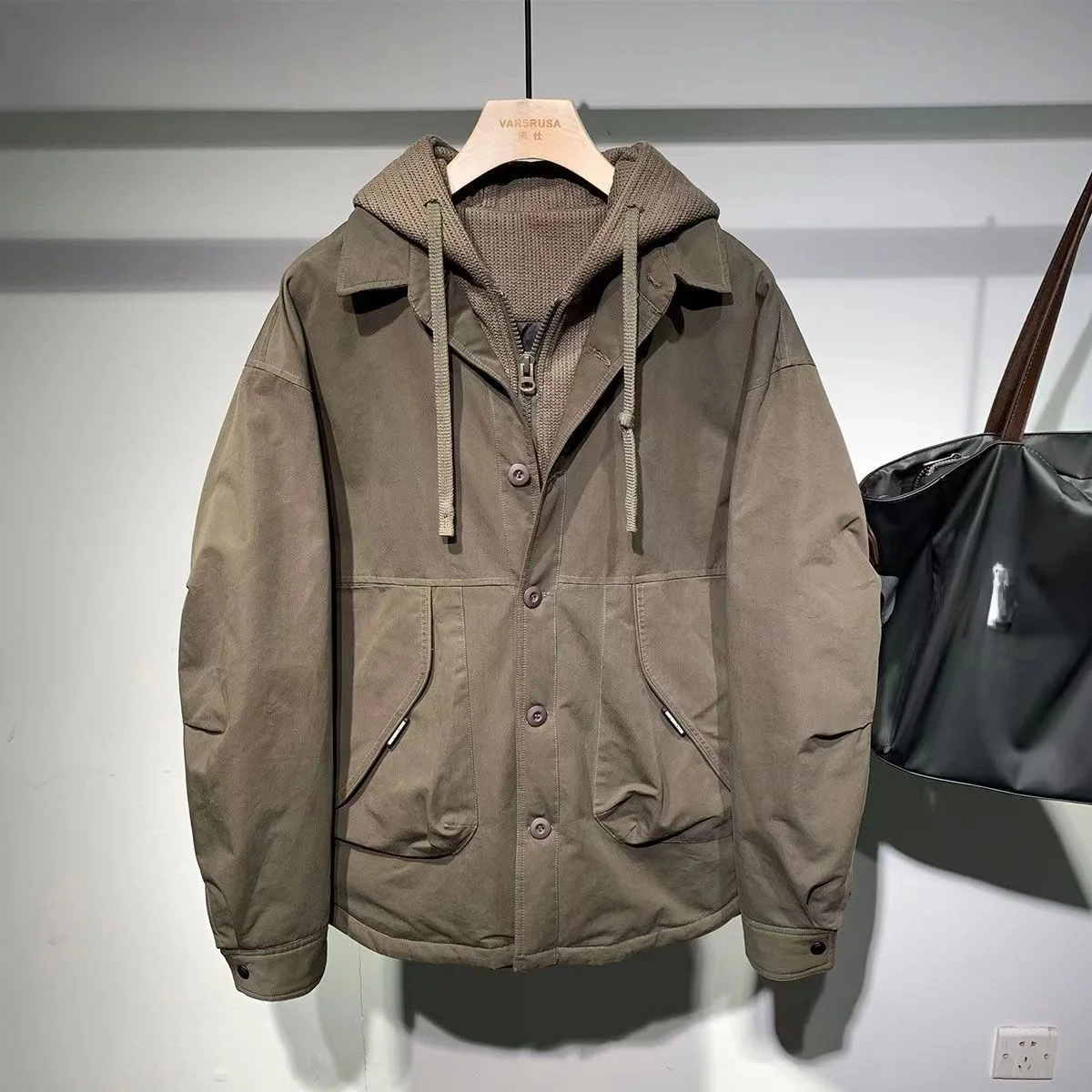 

Warm Knitted False Two-Piece Men's Winter Fashion Casual Retro Work Cotton Jacket down Cotton Padded Standard Fit Zipper Closure