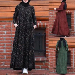 Women Dress Eid Muslim Abayas O Neck Print Dubai Abaya Long Robe Zippers Loose Ramadan Morocco Patchwork Casual Pleated Pockets