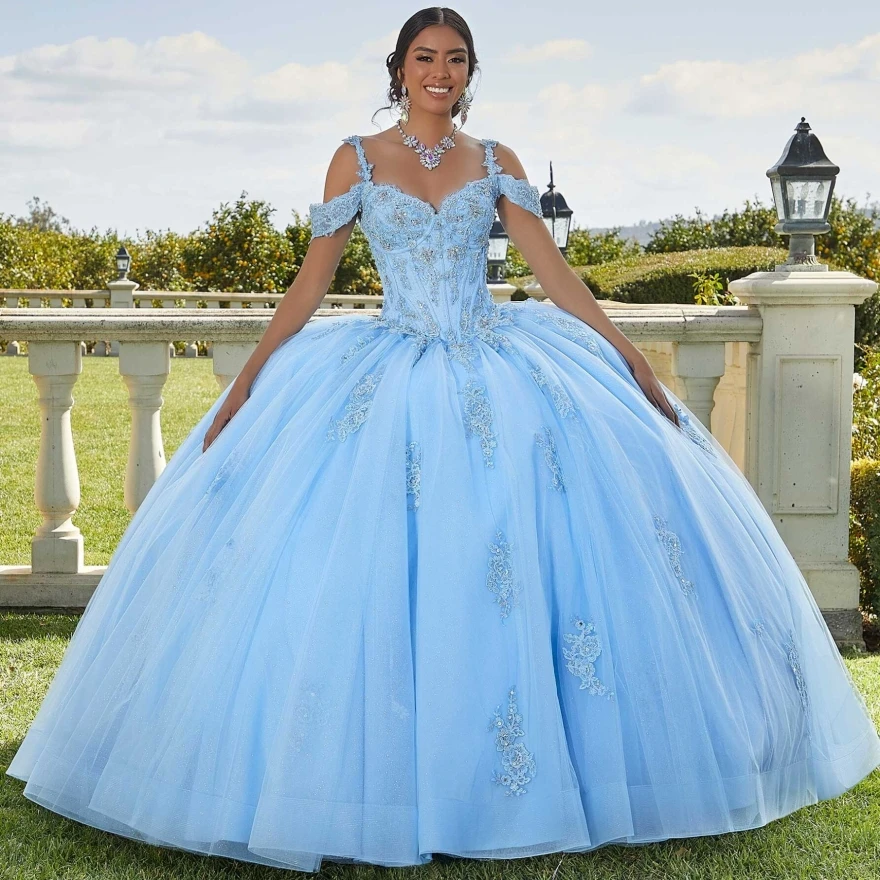 LorstudBlue-Robes de Quinceanera en dentelle avec appliques, perles chérie, bretelles spaghetti, boule, quelle que soit la robe éducative de 15 ans, 2024, YQD124