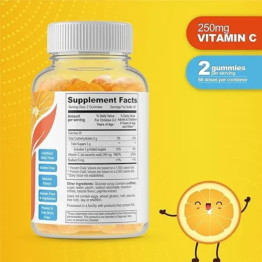 Gomitas de vitamina C para niños, sin ingredientes modificados sintéticos, sin necesidad de borla, suplementos dietéticos para niños