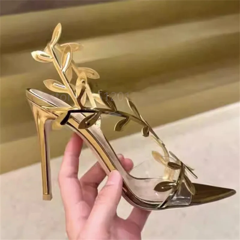 

Gold Leaves Pointed Toe PVC Trap Stiletto Sandals Summer Dress Party Wedding Grace Comfortable 7CM High Heel Sandal