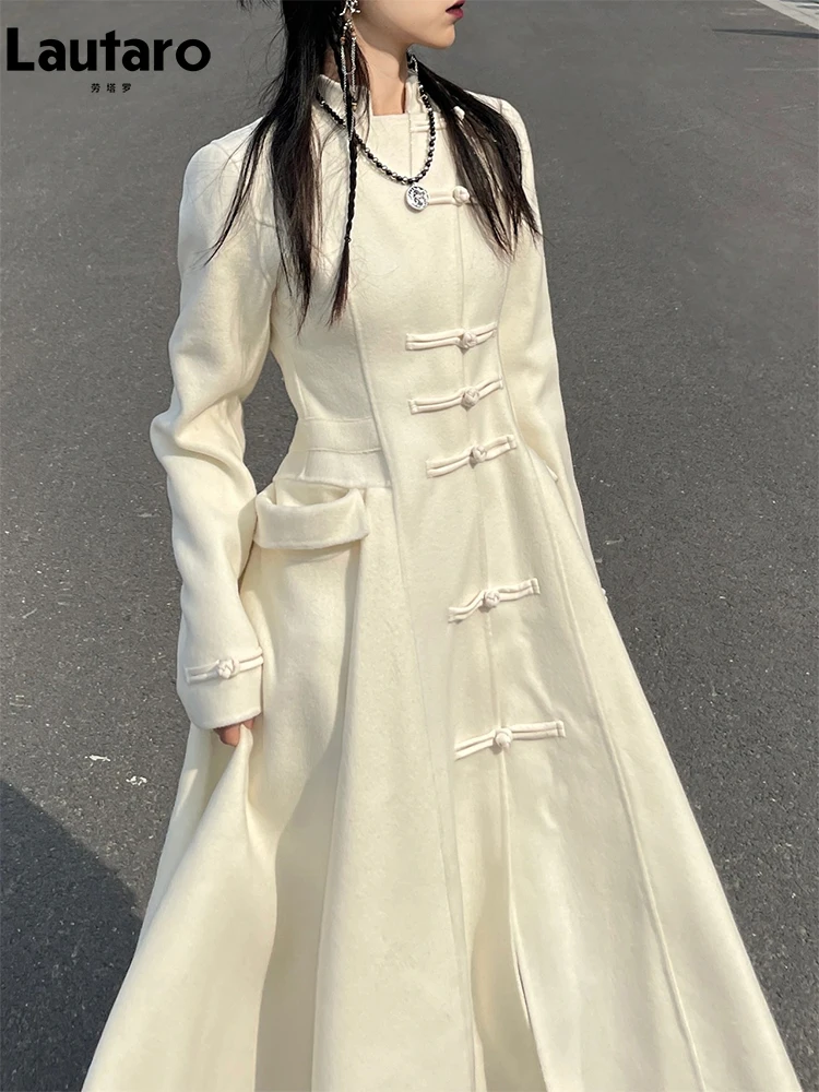 Lautaro-Beige Soft Wool Trench Coats for Women, Long Fit and Flare, Runway, Chinese Style, Fashion Luxury Designer Clothes