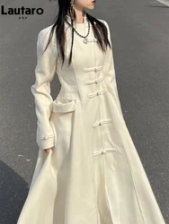 Lautaro Autumn Long Fit and Flare Beige Soft Wool Trench Coats Women Runway Chinese Style Fashion Luxury Designer Clothes 2022