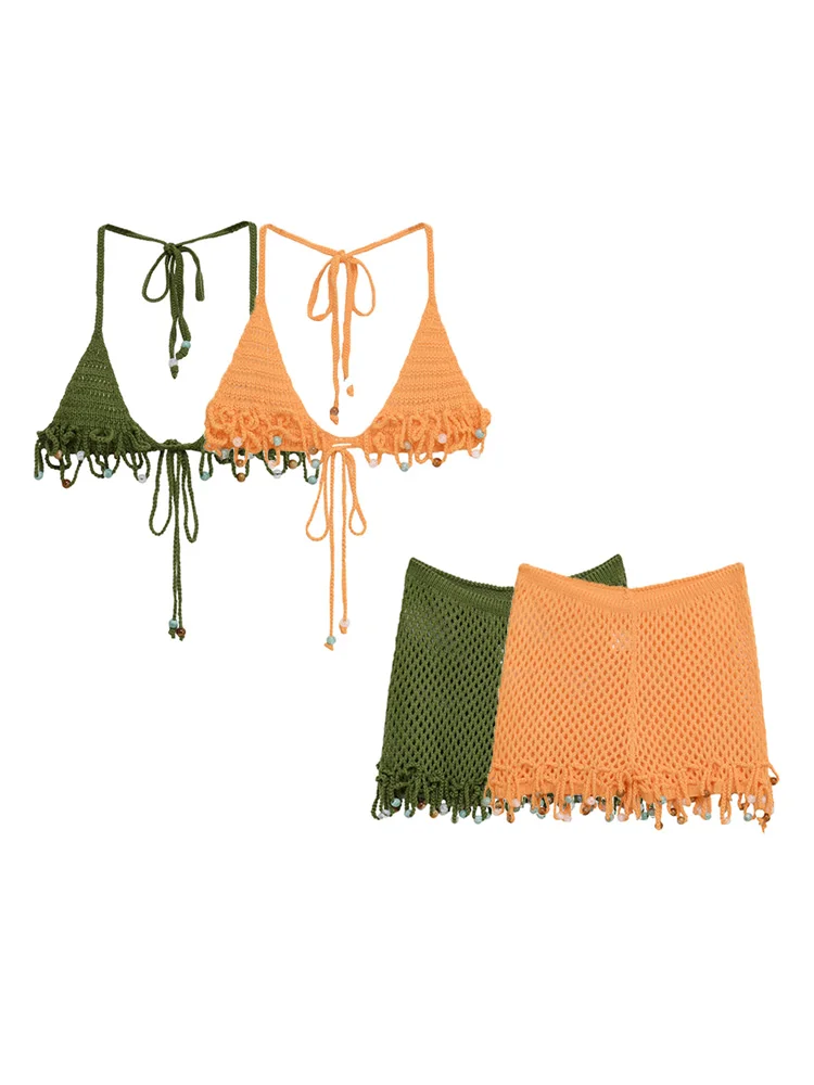 

TRZA Women's Fashion Beaded Knit Top And High Elastic Waist Bermuda Shorts Beach Set Female Stylish Summer Outfit