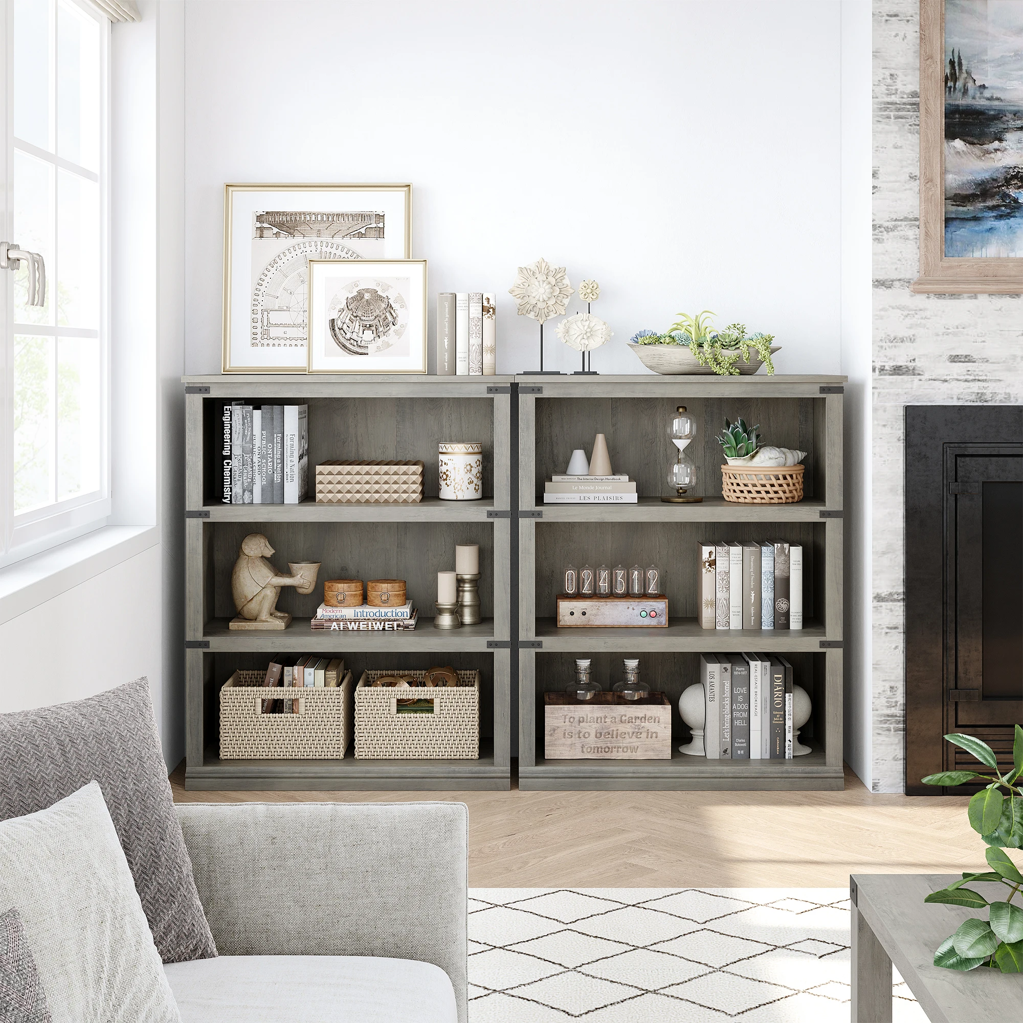 3-stöckiges Farmhouse-Bücherregal mit Stauraum, offenes Display-Bücherregal, hohes Bücherregal, Holzmöbel für Büro und Wohnzimmer – Detail 10
