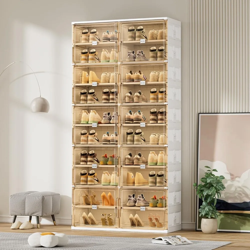 

10 Tiers Foldable Shoe Rack Organizer Cabinet for Closet Entryway,Shoe Storage with Magnetic Doors Fits Up to 40 Pairs (White)