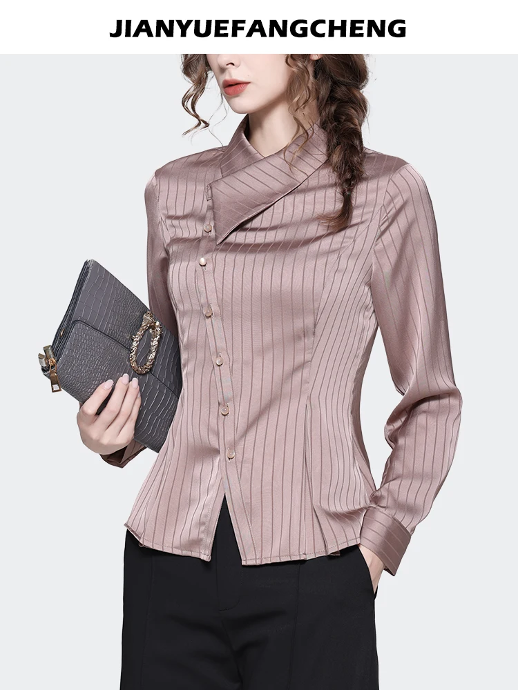 Lapel Collar Striped Pink Satin Top Women\' Long Sleeve Asymmetrical Button-down Shirt 2024 Spring New Fashion Office Blouses