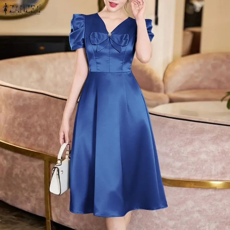 

ZANZEA Women's Elegant Satin Silk Party Midi Dresses V-Neck Bow Detail Short Puff Sleeve Evening A-Line Dress Solid Color Robes