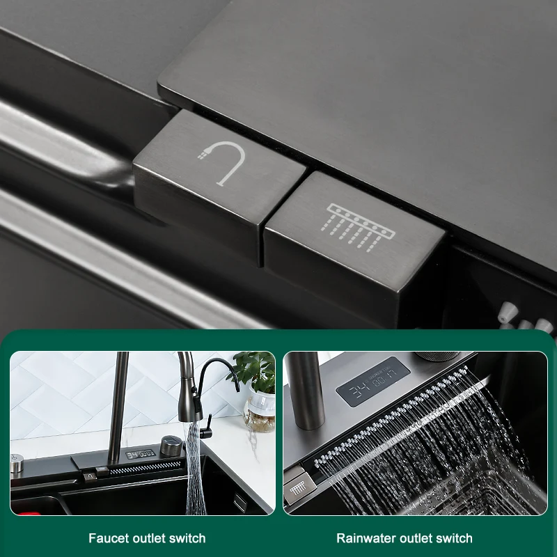 Fregadero de cocina de acero inoxidable con pantalla Digital, lavabo multifunción con grifo de cascada para apartamento, individual, grande