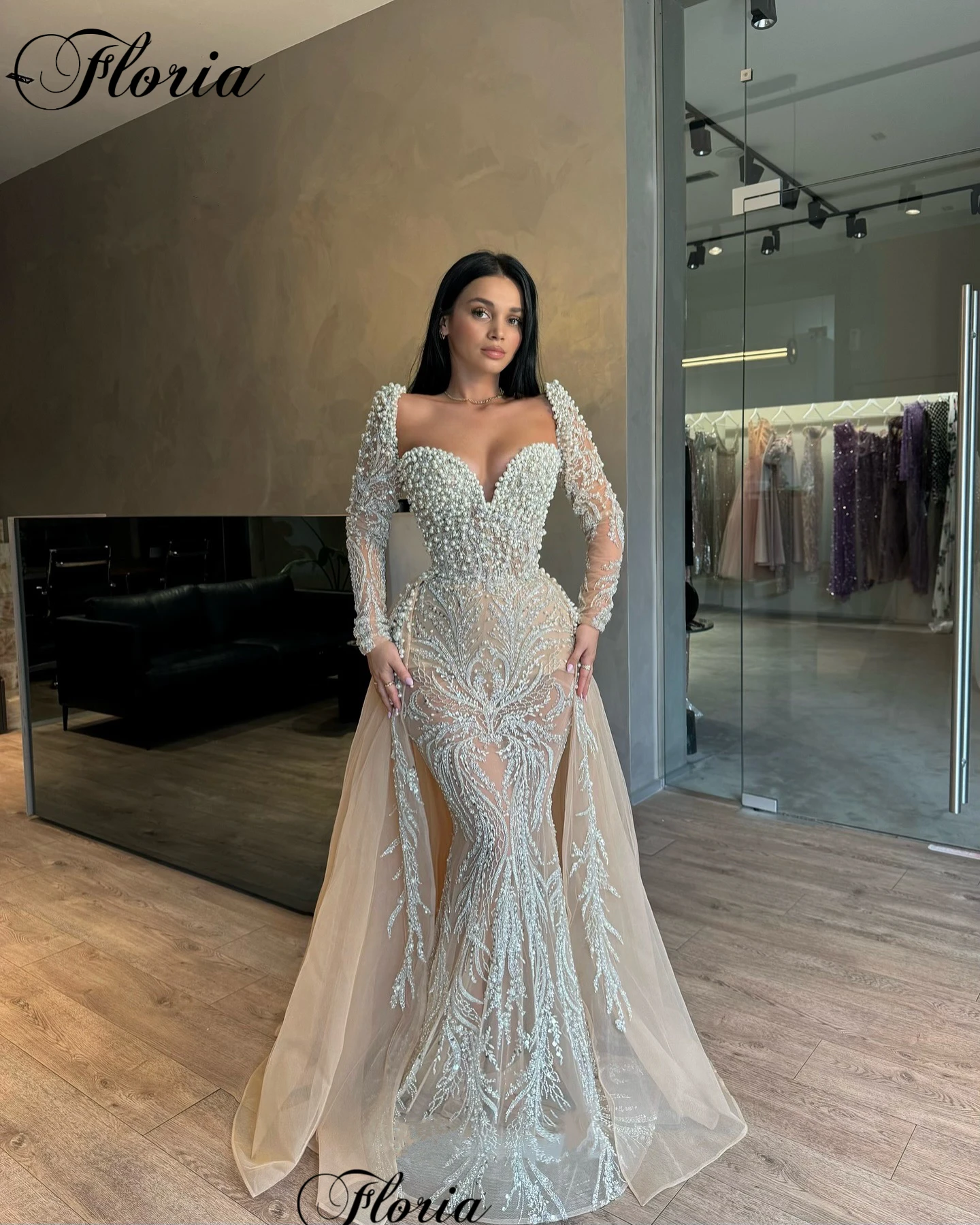 Two Pieces Champagne Celebrity Dresses With Pearls Long Sleeves Evening  Gowns Mermaid Vintage Prom Party Gowns Vestidos De Noche