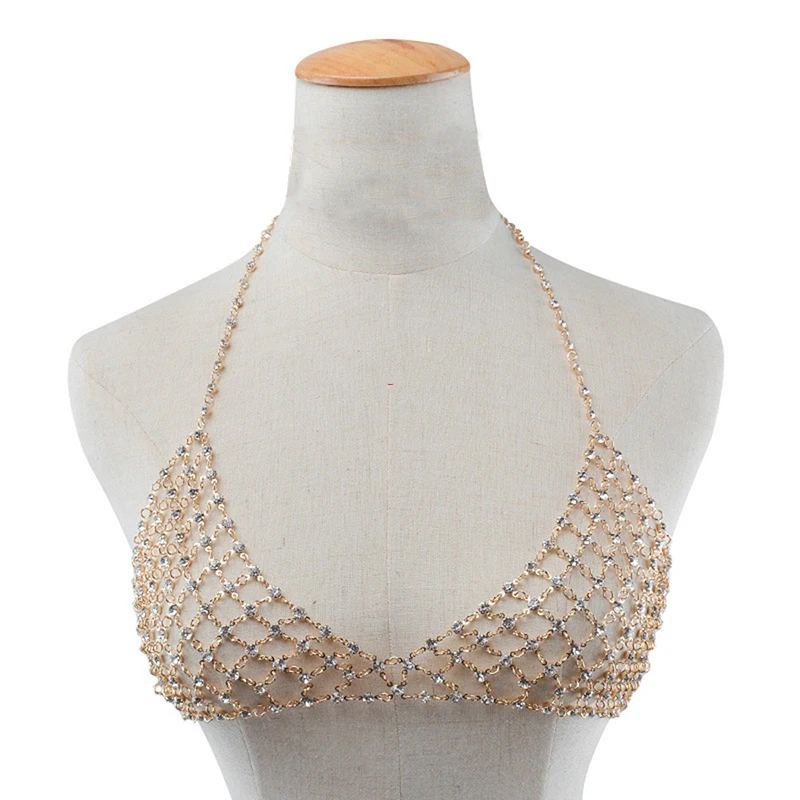 Summer Beach Mesh Sexy Hollow Chest Body Chain Crystal Bikini Bra Harness Statement Necklace for Women Waist Belly Body Jewelry