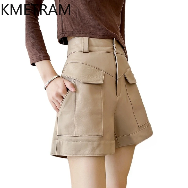 

KMETRAM 100% Top Layer Sheepskin Shorts for Woman High Waisted Genuine Leather Wide Leg Short 2025 Autumn Women' S Clothes шорты