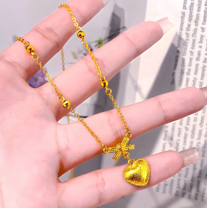 Pure 18 Kt Gold Color Butterfly Knot Love Shape Necklace for Women Girlfriend Wedding Birthday Fine Chain Neckalce Jewelry Gifts