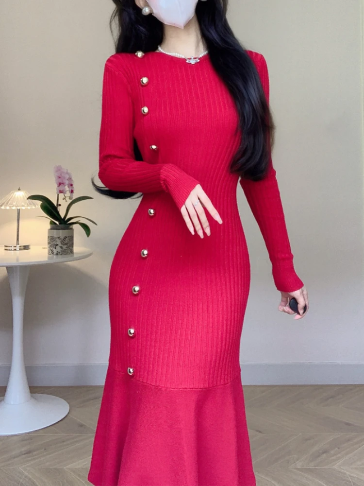 Korean Chic French Knitted Dress Women High Waist Fishtail Dresses Autumn Winter Long Sleeve Elegant Bodycon Dress Vesstidos