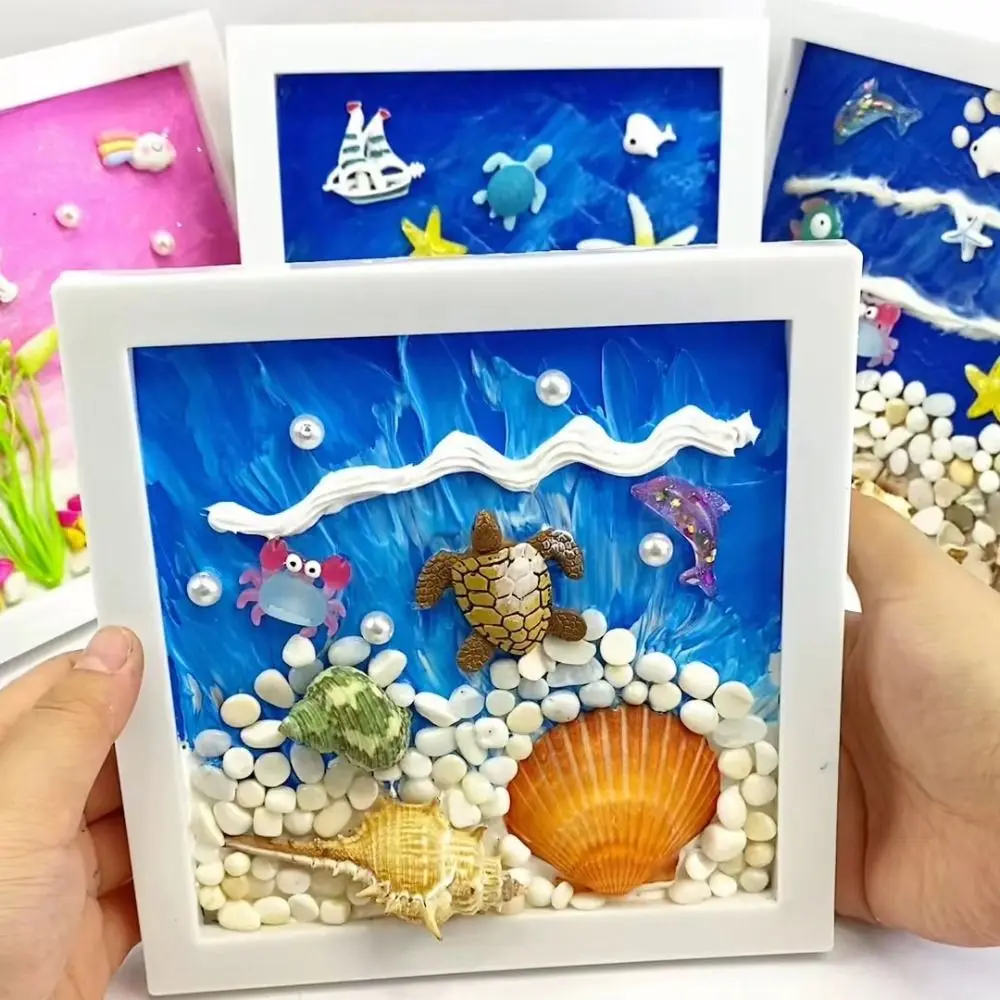 Multicolor DIY Photo Frame Cartoon Wood Material 3D Ocean Scenery Painting 3D Design Handmade Photo Wood Frame Gift Making