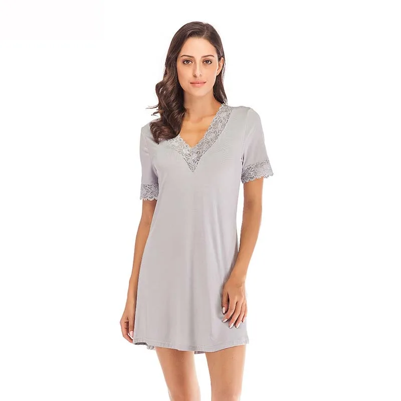 Lace Edge Nightdress Sexy Women's V-Neck Loose Casual Home Clothes Sleepwear Modal Loungewear Intimate Lingerie Nightgown