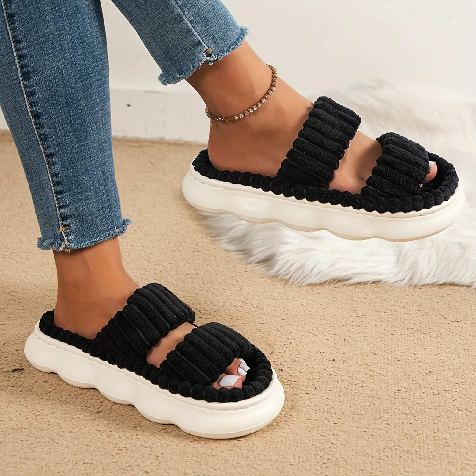 Women'S Corduroy Slippers Cute Memory Foam Bedroom Home Slippers 2024 Women'S New Outerwear Non-Slip Thick Soled Plush Slippers image 6