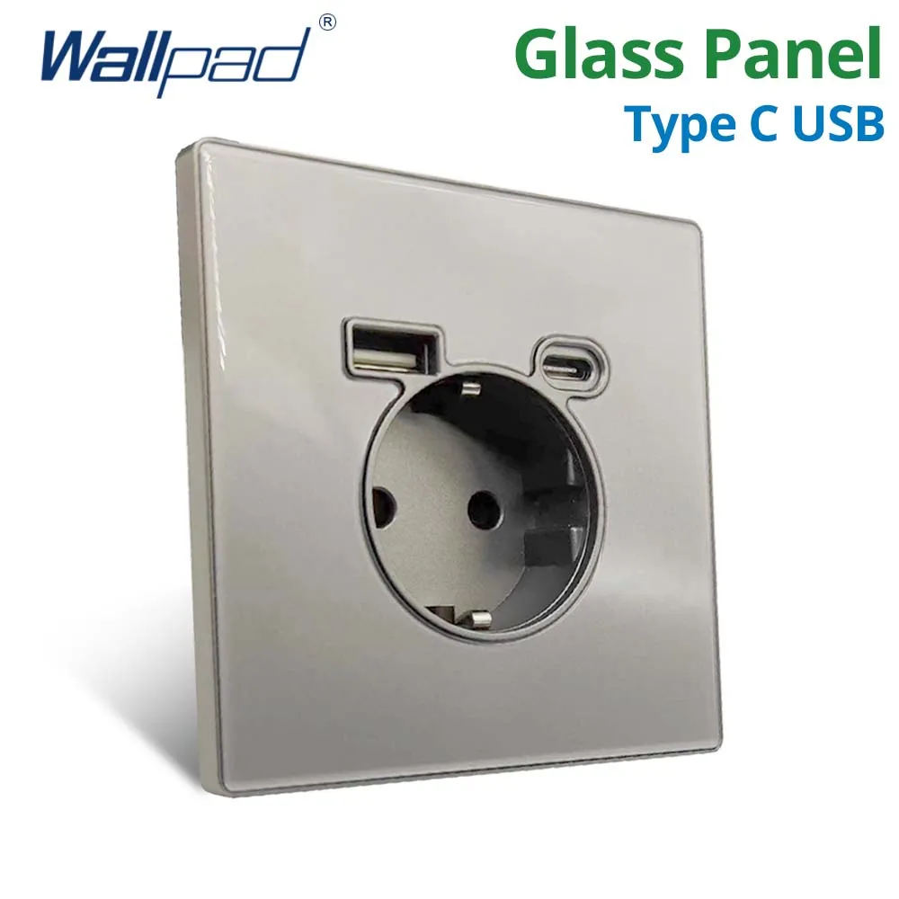 

Wallpad EU German Socket With Type C USB Charge Port Tempered Glass Panel 5V 3.1A