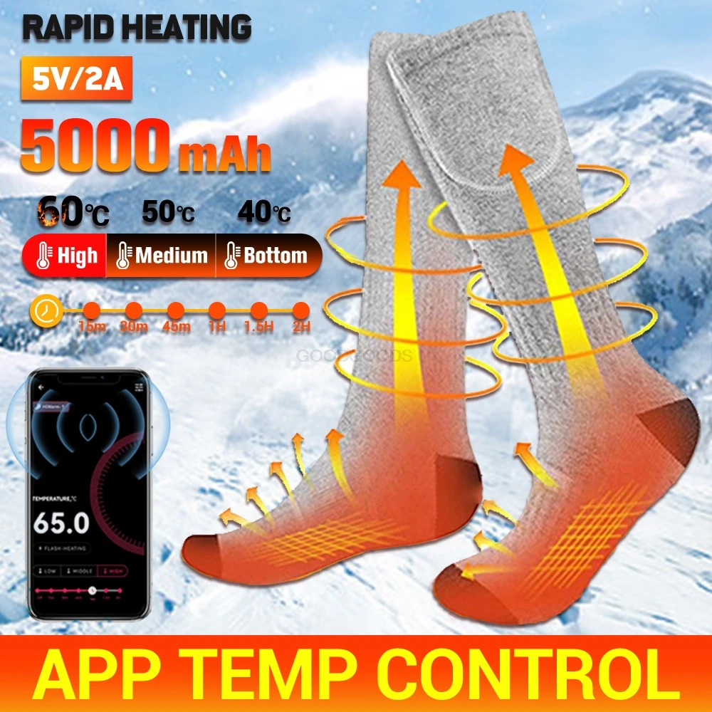 Winter Elektrische Verwarmde Sokken Usb Oplaadbare App Bediening Outdoor Thermische Sokken 3 Temperaturen Aanpassing Verwarming Sokken