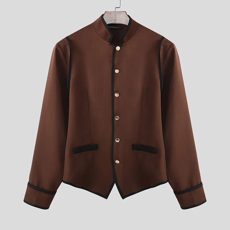 

INCERUN Men Blazer Patchwork Stand Collar Long Sleeve Button Male Suit Streetwear Elegant 2025 Fashion Casual Thin Coats Men