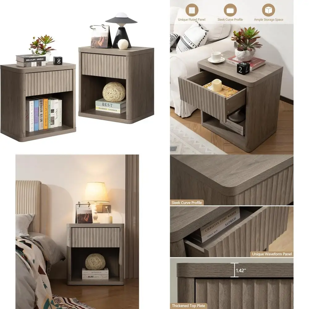 Modern Large Wide Nightstand Set of 2 with Drawer Storage Fluted Design Bedside Table End Table for Bedroom