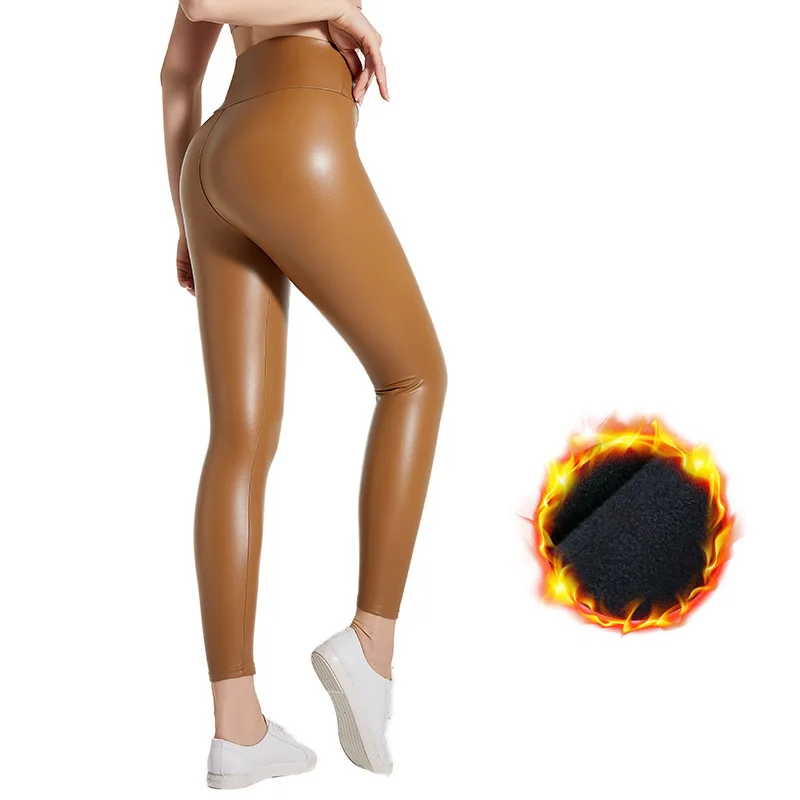 กางเกงหนัง PU เอวสูงทรงเข้ารูปสำหรับผู้หญิง สีสดใส ยืดหยุ่น ใช้เป็นกางเกงซับในได้ เหมาะสำหรับฤดูใบไม้ร่วงและฤดูหนาว