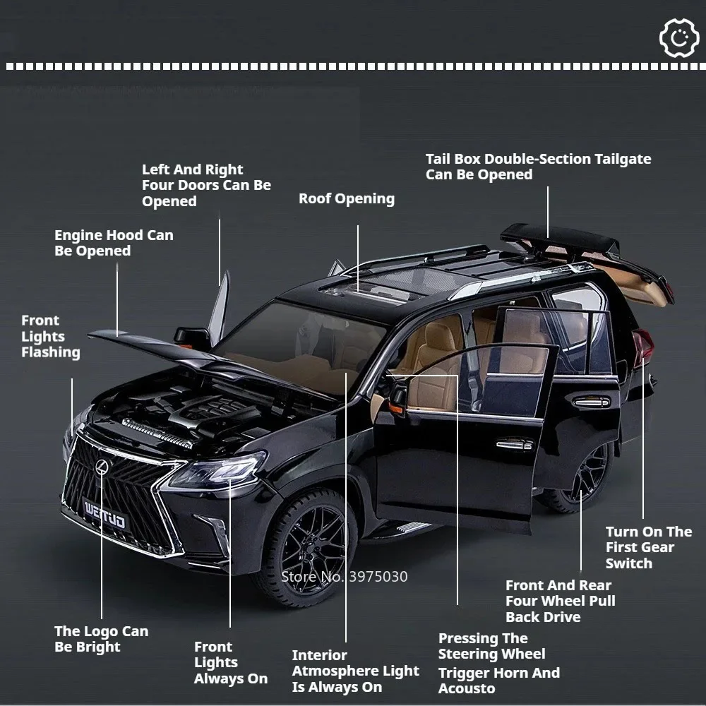 1:18 Lexus LX570 modello pressofuso in lega giocattoli auto in miniatura 4 porte aperte fuoristrada luce sonora tirare indietro veicoli SUV regali per bambini