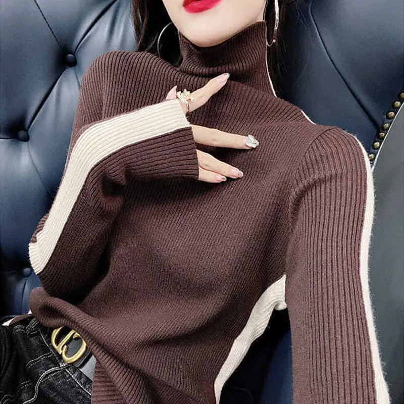 Fashion Turtleneck Knitting Spliced All-match Sweater Women\'s Clothing 2022 Autumn New Casual Pullovers Loose Korean Tops