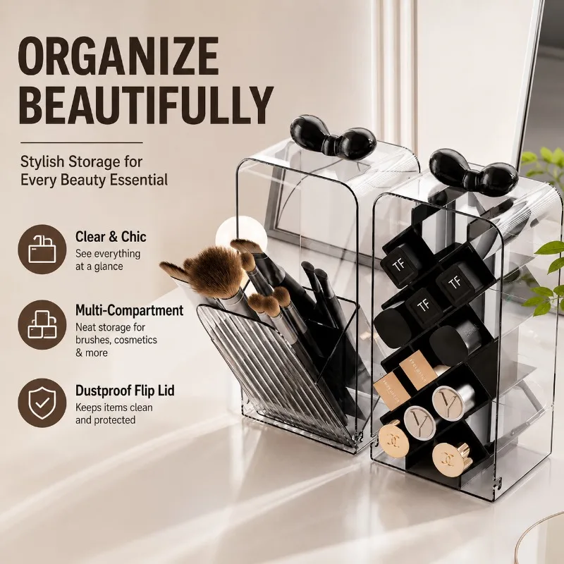 

PET Desktop Makeup Brush Storage Rack Flip Design Eyebrow Eyeshadow Organizer Lipstick Lip Gloss Compartment Holder Cosmetic