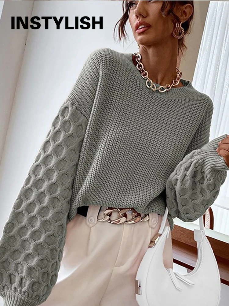 Women Vintage Lantern Sleeve Sweater Autumn O Neck Loose Pullover Elegant Harajuku Knitted Jumpers Casual Patchwork Knitting Top