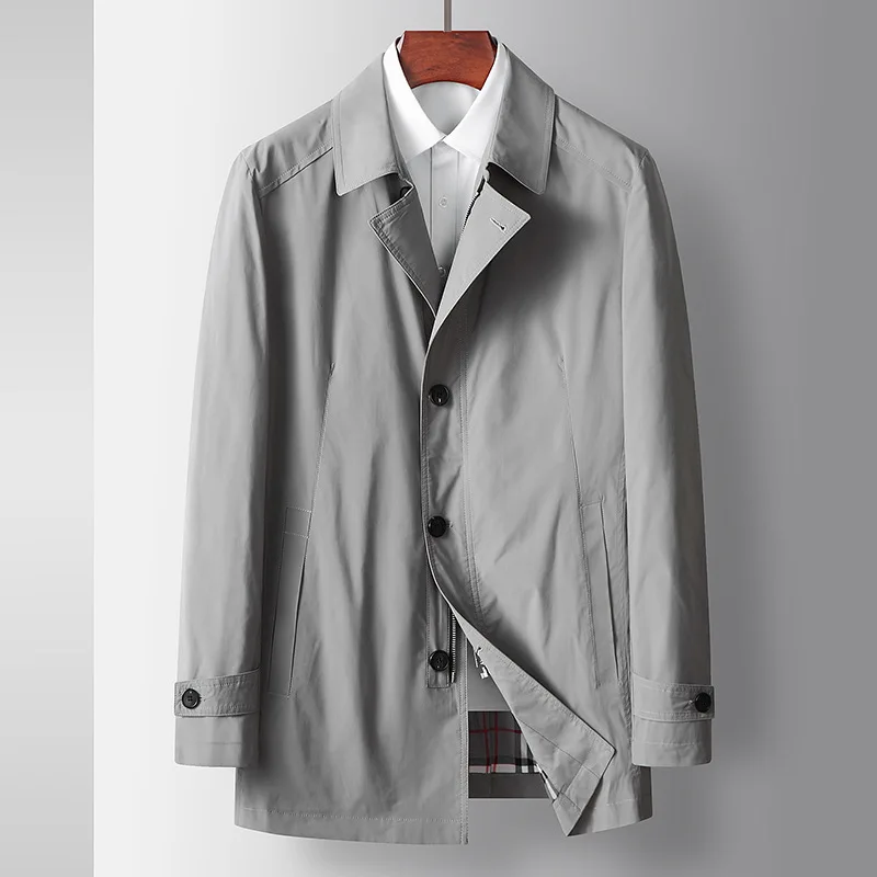 

Men's Windbreaker 2026 Lapel Mid-Length Casual No-Iron Windbreaker Solid Color Young and Middle-aged Business Men's Jacket