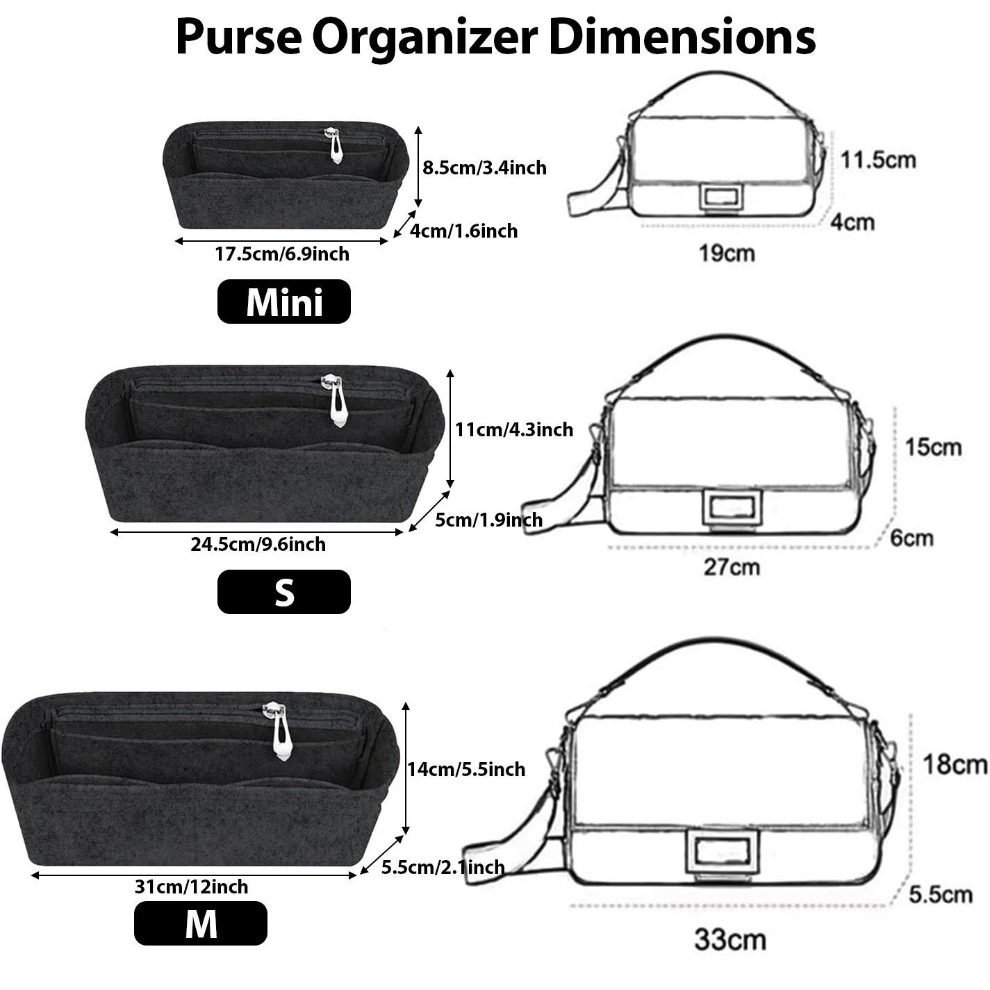 Purse Organizer Insert Felt Bag Organizer with Zipper for Baguette Small Tote Bag Finishing Inner Bag Handbags Insert Organizer