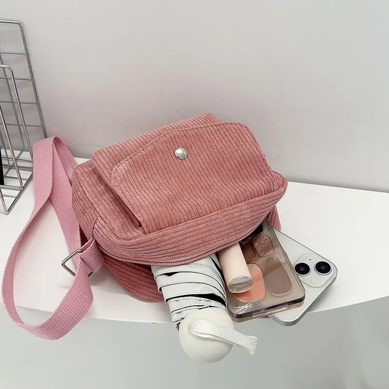 Corduroy Crossbody Bag Vintage Casual Shoulder Bag Solid Color Handbag with Zipper Adjustable Shoulder Straps Bandolera Hombre image 4