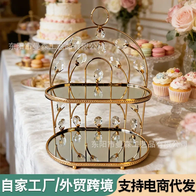 Light  crystal two-layer tray European-style dessert  ornament golden metal cake rack living room storage fruit pl