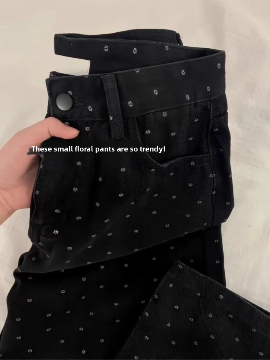 

Retro Floral Polka Dot Wide Leg Denim Jeans Women plus Size High Waist Slimming Hip Covering Bla Straight Leg Pants Autumn