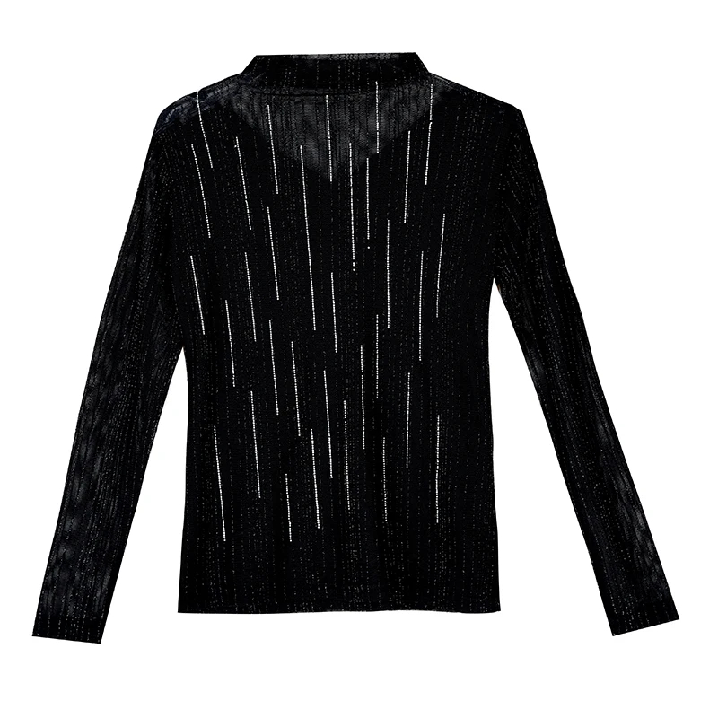 ربيع الخريف طويلة الأكمام الياقة المدورة المرأة تي شيرت أزياء عارضة الساخن الماس عالية تمتد شبكة قمم الملابس السوداء